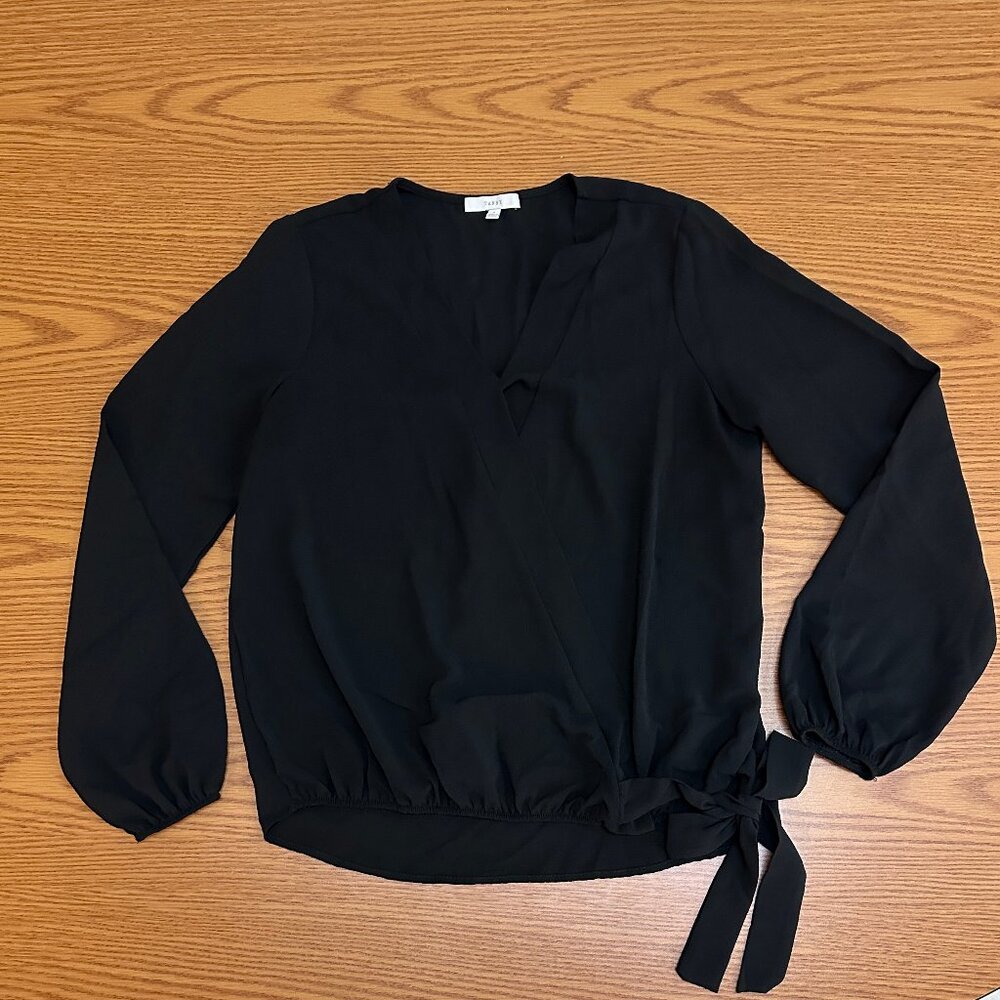 Black Wrap-Style Long Sleeve Blouse – Tie Side Detail